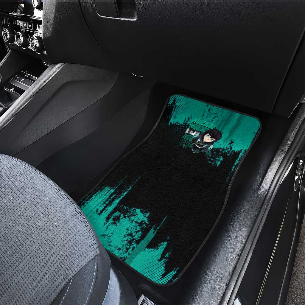 Muichiro Tokito Demon Slayer Green and Black Grunge Style Car Mats with Mist Hashira Eyes and Bold Typography - The Mazicc