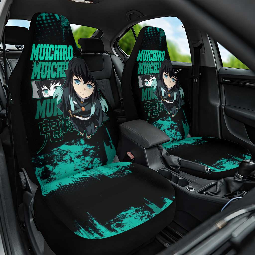 Muichiro Tokito Demon Slayer Green and Black Grunge Style Car Seat Cover with Mist Hashira Eyes and Bold Typography - The Mazicc