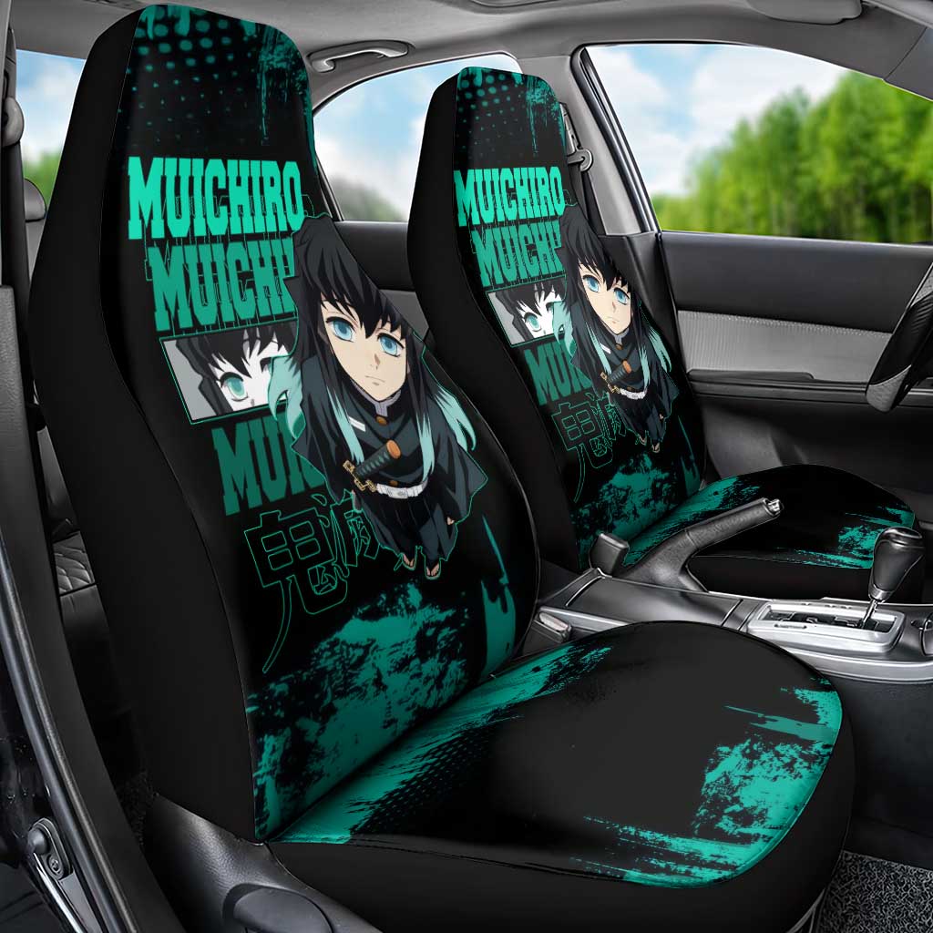Muichiro Tokito Demon Slayer Green and Black Grunge Style Car Seat Cover with Mist Hashira Eyes and Bold Typography - The Mazicc