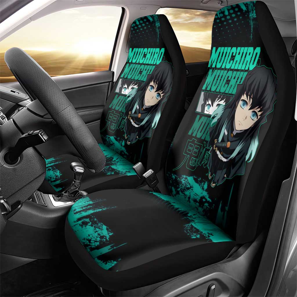 Muichiro Tokito Demon Slayer Green and Black Grunge Style Car Seat Cover with Mist Hashira Eyes and Bold Typography - The Mazicc