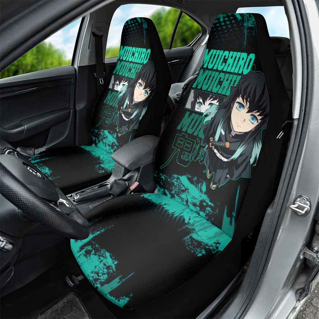 Muichiro Tokito Demon Slayer Green and Black Grunge Style Car Seat Cover with Mist Hashira Eyes and Bold Typography - The Mazicc