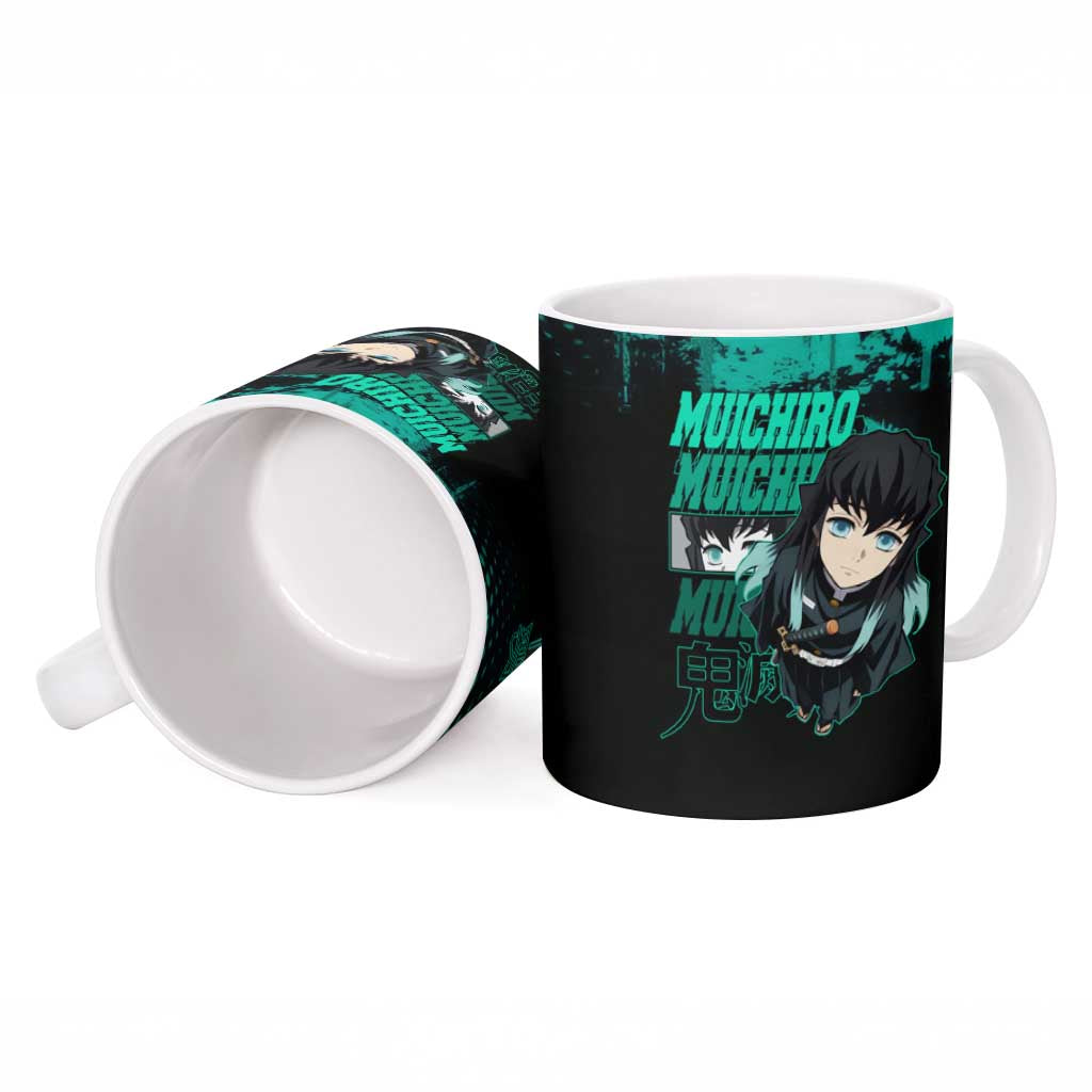 Muichiro Tokito Demon Slayer Green and Black Grunge Style Ceramic Mug with Mist Hashira Eyes and Bold Typography - The Mazicc