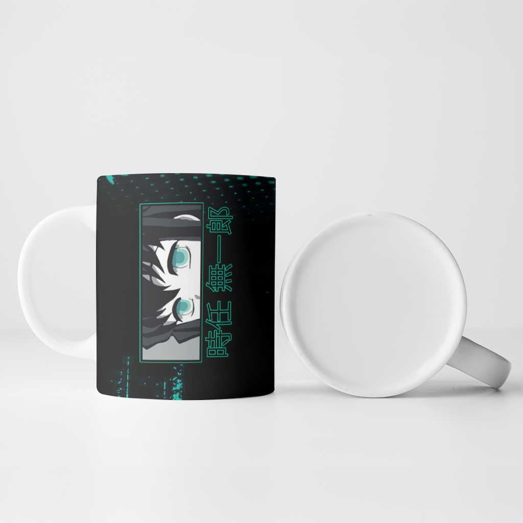 Muichiro Tokito Demon Slayer Green and Black Grunge Style Ceramic Mug with Mist Hashira Eyes and Bold Typography - The Mazicc
