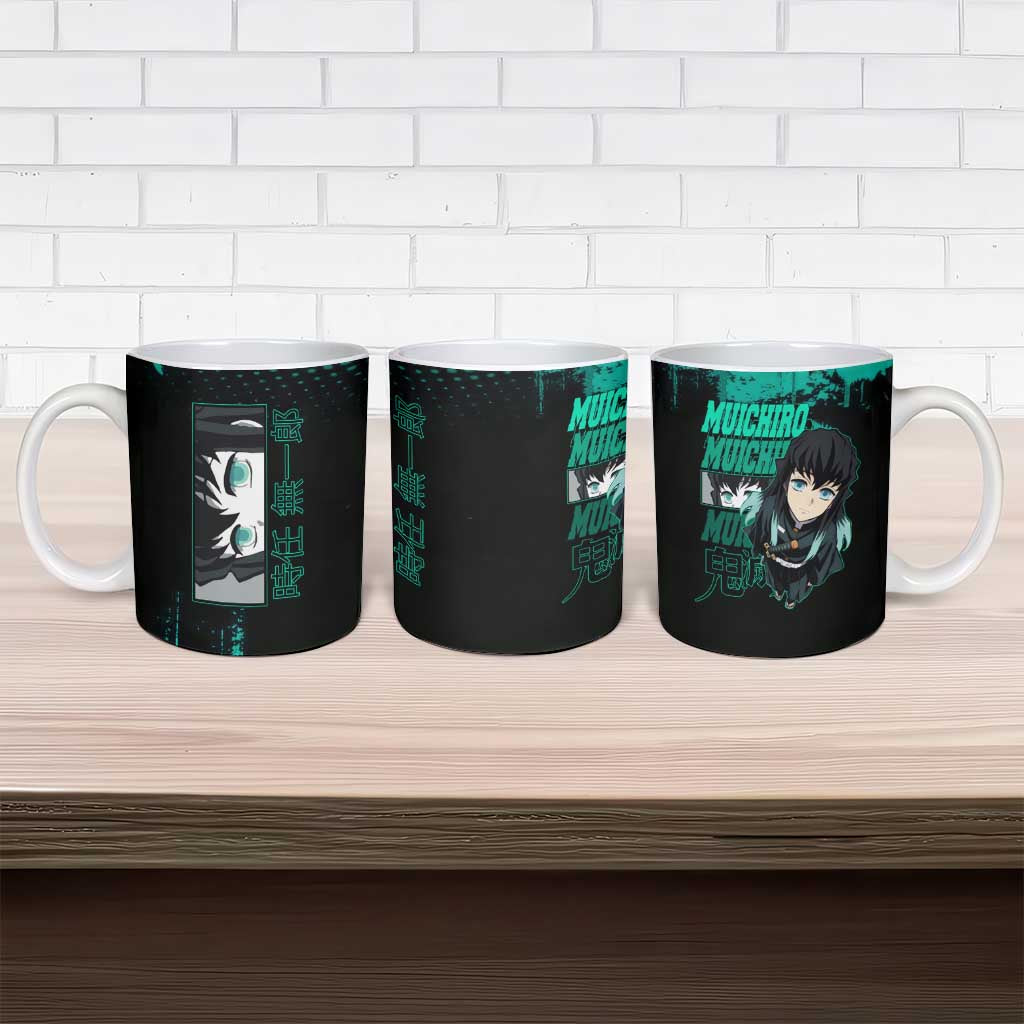 Muichiro Tokito Demon Slayer Green and Black Grunge Style Ceramic Mug with Mist Hashira Eyes and Bold Typography - The Mazicc