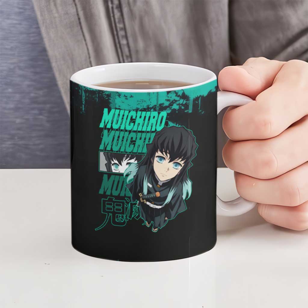 Muichiro Tokito Demon Slayer Green and Black Grunge Style Ceramic Mug with Mist Hashira Eyes and Bold Typography - The Mazicc
