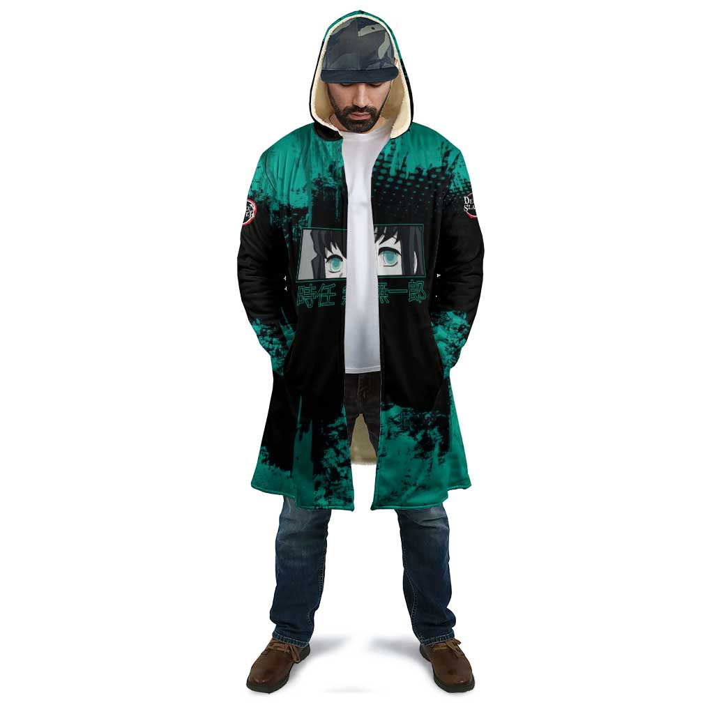 Muichiro Tokito Demon Slayer Green and Black Grunge Style Cloak with Mist Hashira Eyes and Bold Typography - The Mazicc