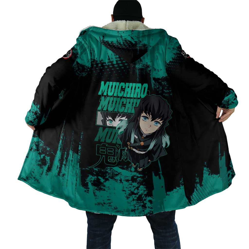Muichiro Tokito Demon Slayer Green and Black Grunge Style Cloak with Mist Hashira Eyes and Bold Typography - The Mazicc