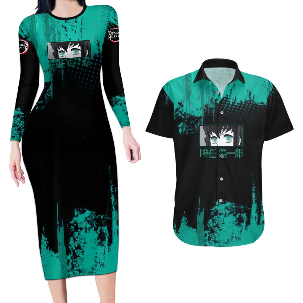 Muichiro Tokito Demon Slayer Green and Black Grunge Style Couples Matching Long Sleeve Bodycon Dress and Hawaiian Shirt with Mist Hashira Eyes and Bold Typography - The Mazicc
