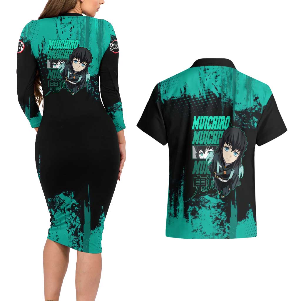 Muichiro Tokito Demon Slayer Green and Black Grunge Style Couples Matching Long Sleeve Bodycon Dress and Hawaiian Shirt with Mist Hashira Eyes and Bold Typography - The Mazicc