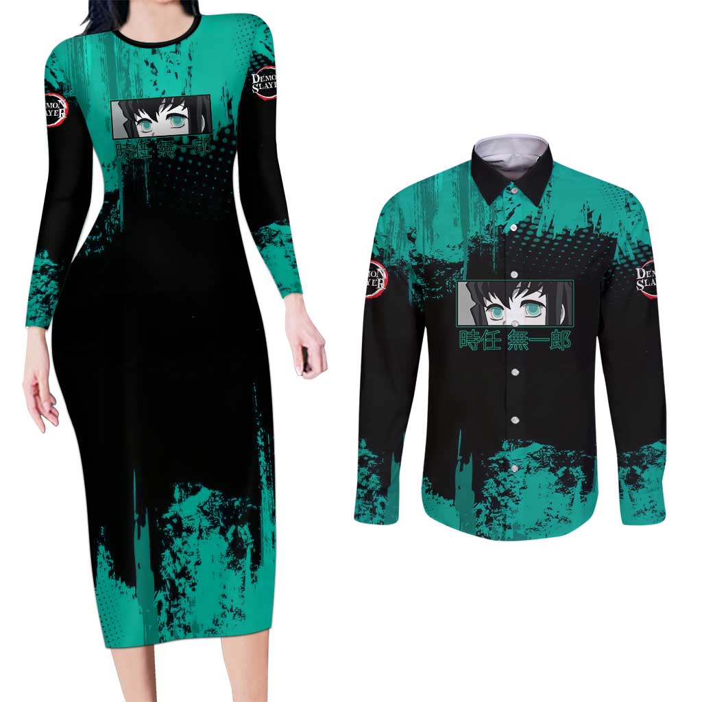 Muichiro Tokito Demon Slayer Green and Black Grunge Style Couples Matching Long Sleeve Bodycon Dress and Long Sleeve Button Shirt with Mist Hashira Eyes and Bold Typography - The Mazicc