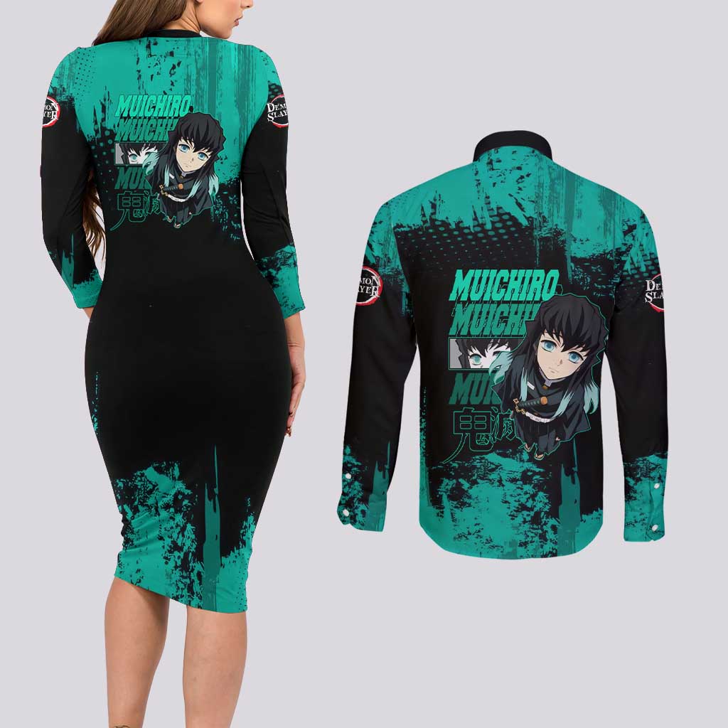 Muichiro Tokito Demon Slayer Green and Black Grunge Style Couples Matching Long Sleeve Bodycon Dress and Long Sleeve Button Shirt with Mist Hashira Eyes and Bold Typography - The Mazicc