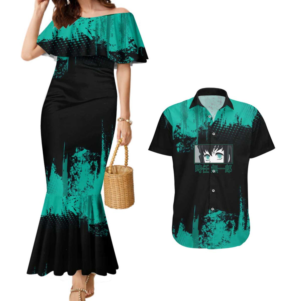 Muichiro Tokito Demon Slayer Green and Black Grunge Style Couples Matching Mermaid Dress and Hawaiian Shirt with Mist Hashira Eyes and Bold Typography - The Mazicc