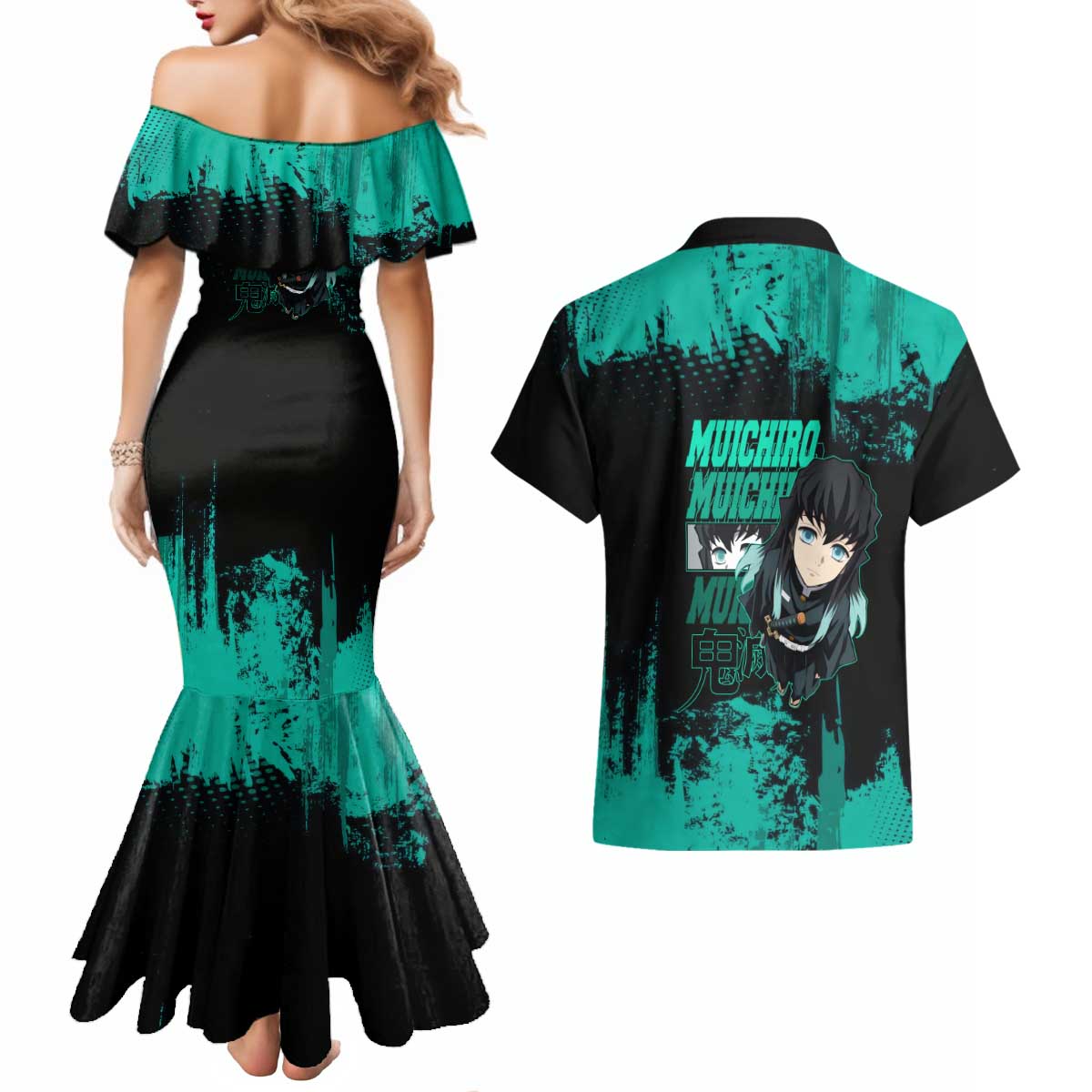 Muichiro Tokito Demon Slayer Green and Black Grunge Style Couples Matching Mermaid Dress and Hawaiian Shirt with Mist Hashira Eyes and Bold Typography - The Mazicc