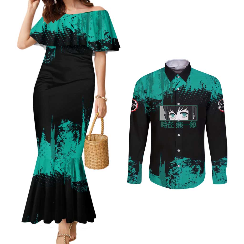 Muichiro Tokito Demon Slayer Green and Black Grunge Style Couples Matching Mermaid Dress and Long Sleeve Button Shirt with Mist Hashira Eyes and Bold Typography - The Mazicc