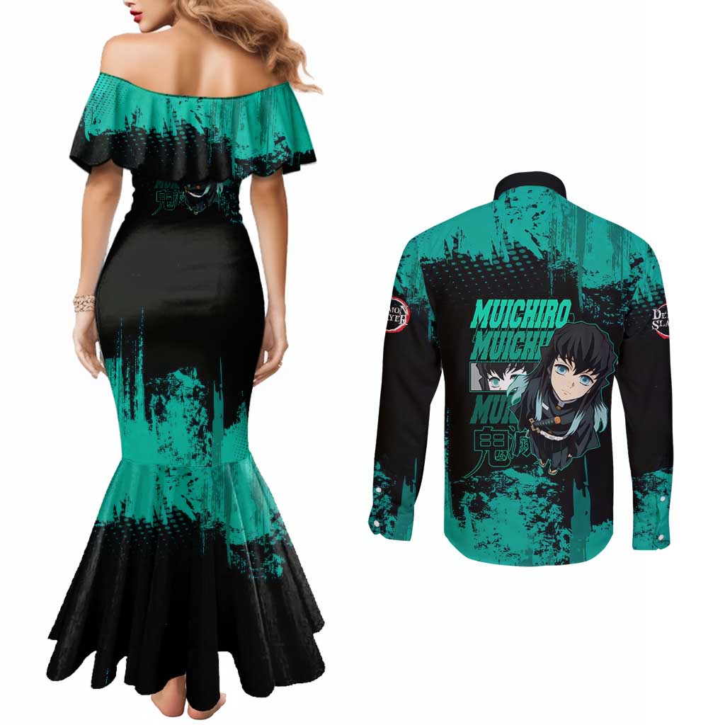 Muichiro Tokito Demon Slayer Green and Black Grunge Style Couples Matching Mermaid Dress and Long Sleeve Button Shirt with Mist Hashira Eyes and Bold Typography - The Mazicc