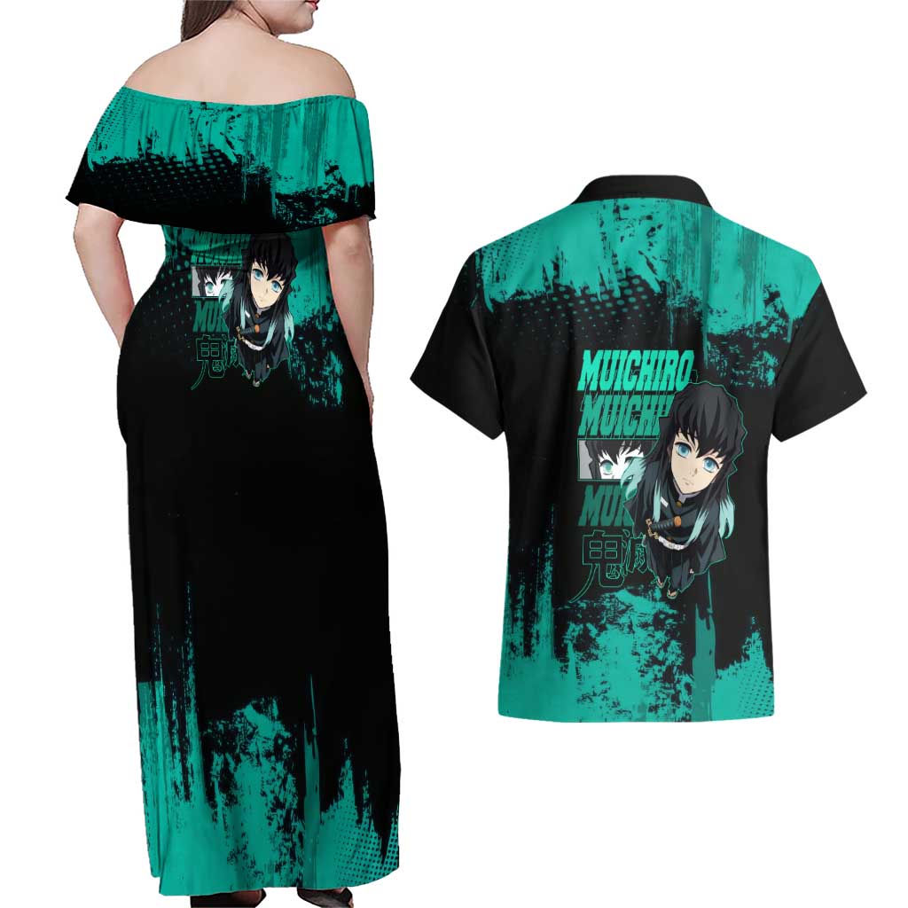Muichiro Tokito Demon Slayer Green and Black Grunge Style Couples Matching Off Shoulder Maxi Dress and Hawaiian Shirt with Mist Hashira Eyes and Bold Typography - The Mazicc