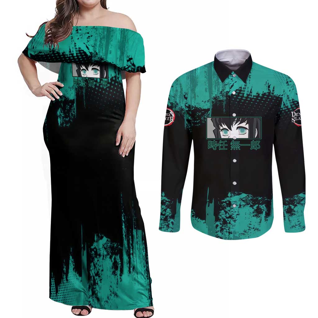 Muichiro Tokito Demon Slayer Green and Black Grunge Style Couples Matching Off Shoulder Maxi Dress and Long Sleeve Button Shirt with Mist Hashira Eyes and Bold Typography - The Mazicc