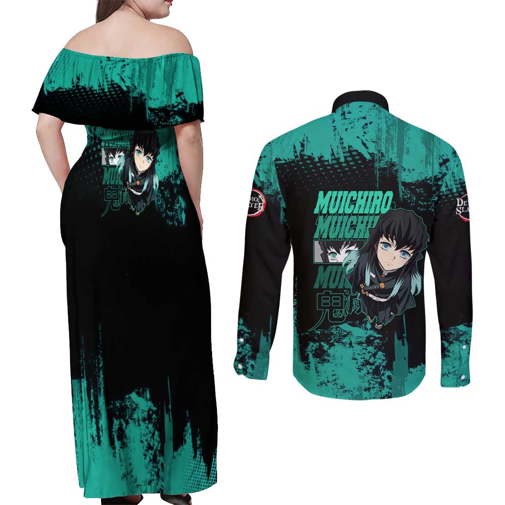 Muichiro Tokito Demon Slayer Green and Black Grunge Style Couples Matching Off Shoulder Maxi Dress and Long Sleeve Button Shirt with Mist Hashira Eyes and Bold Typography - The Mazicc