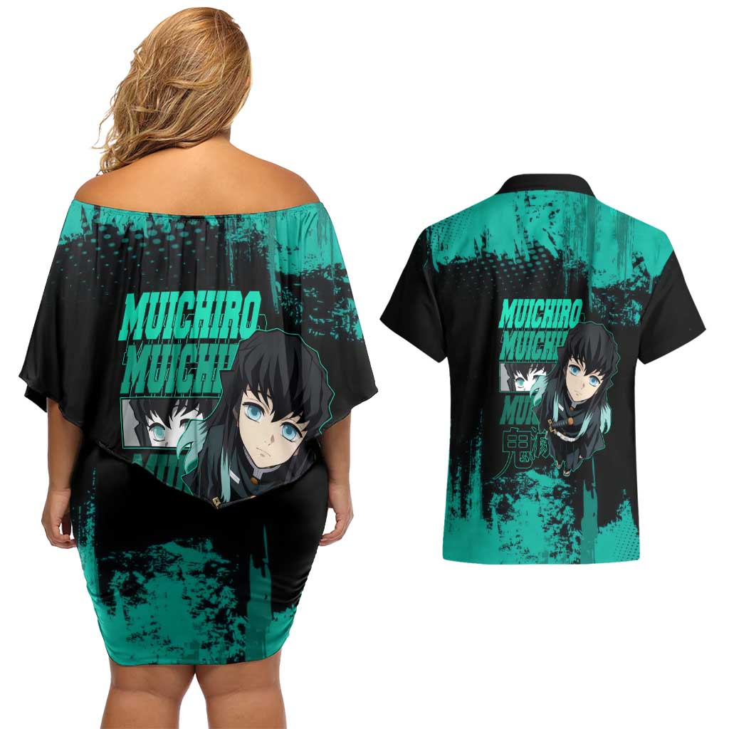 Muichiro Tokito Demon Slayer Green and Black Grunge Style Couples Matching Off Shoulder Short Dress and Hawaiian Shirt with Mist Hashira Eyes and Bold Typography - The Mazicc