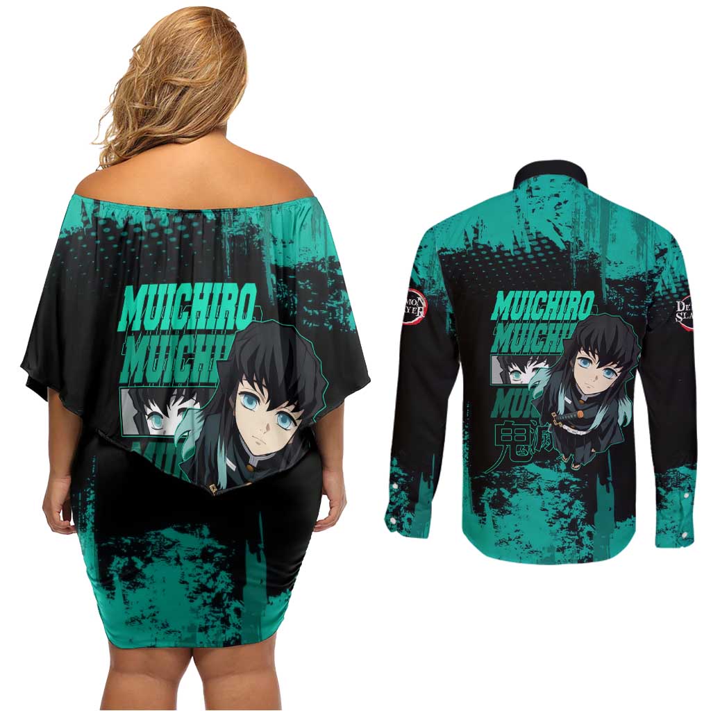 Muichiro Tokito Demon Slayer Green and Black Grunge Style Couples Matching Off Shoulder Short Dress and Long Sleeve Button Shirt with Mist Hashira Eyes and Bold Typography - The Mazicc