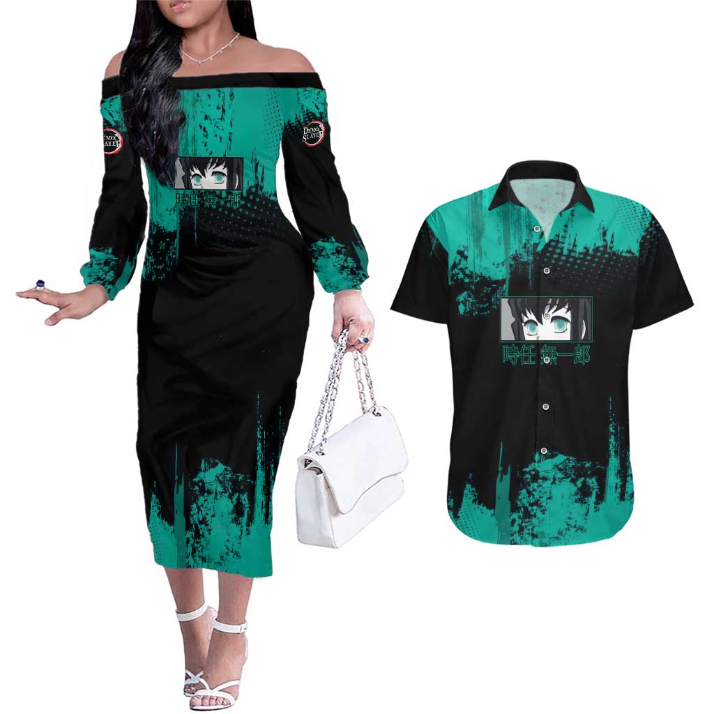 Muichiro Tokito Demon Slayer Green and Black Grunge Style Couples Matching Off The Shoulder Long Sleeve Dress and Hawaiian Shirt with Mist Hashira Eyes and Bold Typography - The Mazicc