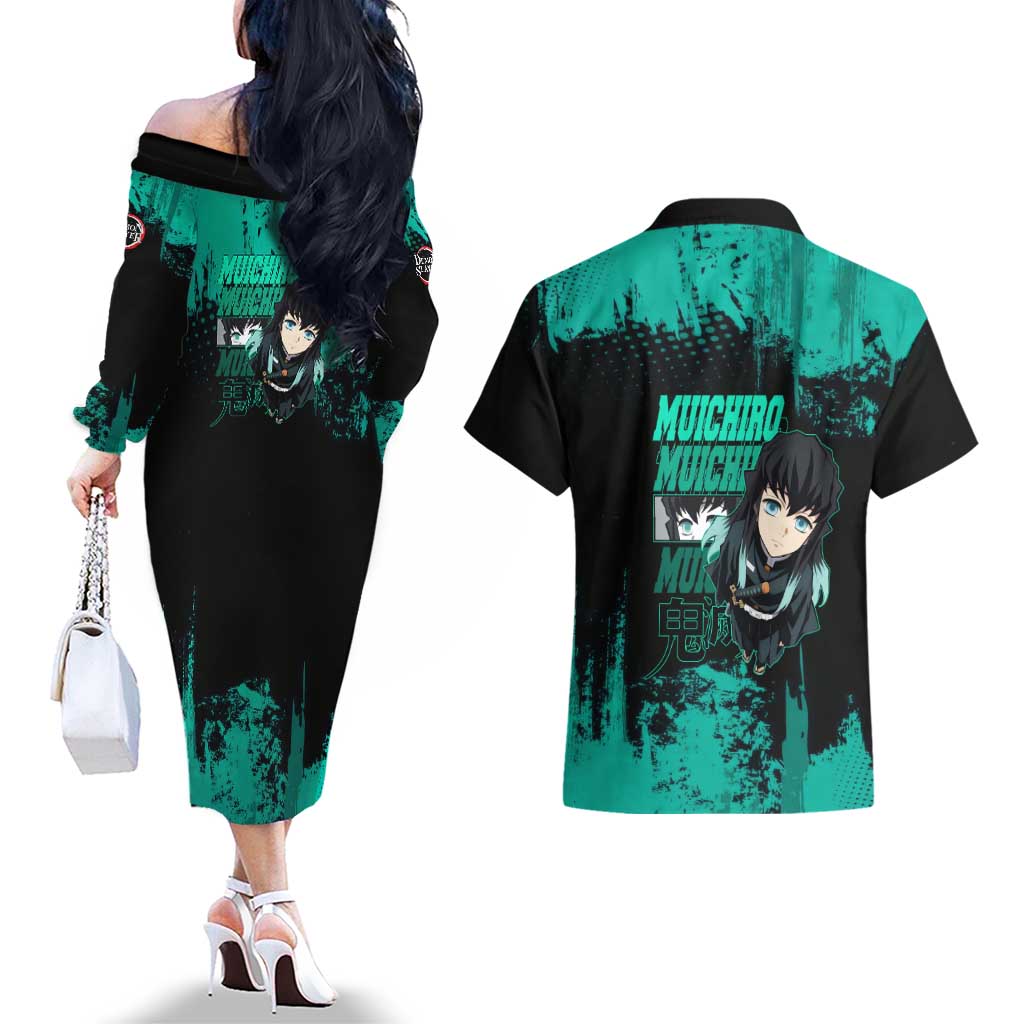 Muichiro Tokito Demon Slayer Green and Black Grunge Style Couples Matching Off The Shoulder Long Sleeve Dress and Hawaiian Shirt with Mist Hashira Eyes and Bold Typography - The Mazicc