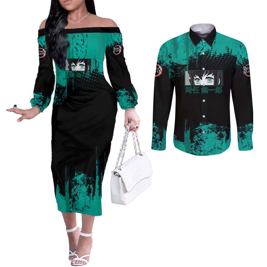 Muichiro Tokito Demon Slayer Green and Black Grunge Style Couples Matching Off The Shoulder Long Sleeve Dress and Long Sleeve Button Shirt with Mist Hashira Eyes and Bold Typography - The Mazicc