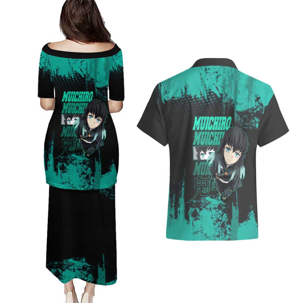Muichiro Tokito Demon Slayer Green and Black Grunge Style Couples Matching Puletasi and Hawaiian Shirt with Mist Hashira Eyes and Bold Typography - The Mazicc