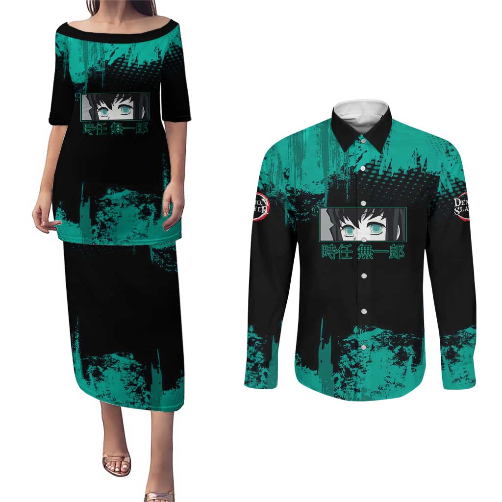 Muichiro Tokito Demon Slayer Green and Black Grunge Style Couples Matching Puletasi and Long Sleeve Button Shirt with Mist Hashira Eyes and Bold Typography - The Mazicc
