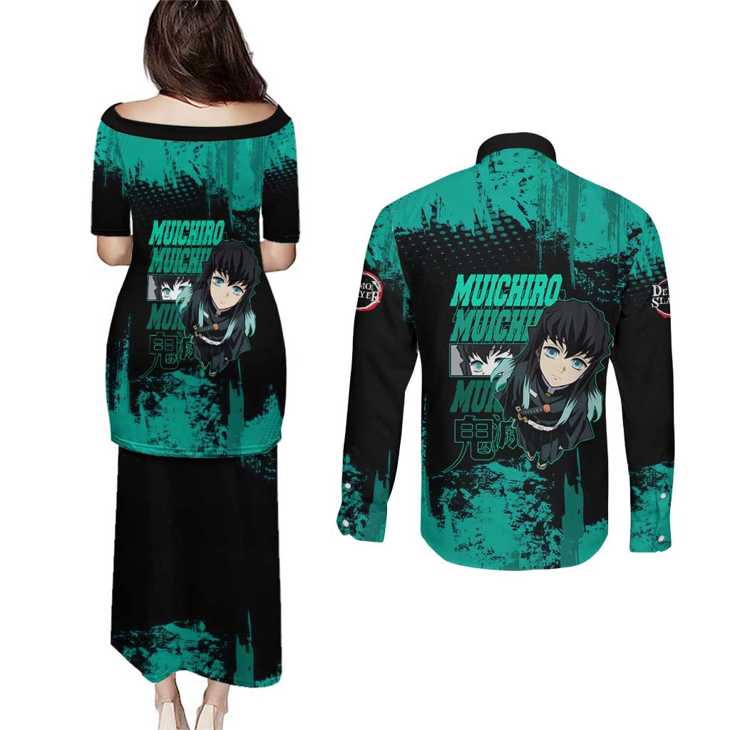 Muichiro Tokito Demon Slayer Green and Black Grunge Style Couples Matching Puletasi and Long Sleeve Button Shirt with Mist Hashira Eyes and Bold Typography - The Mazicc