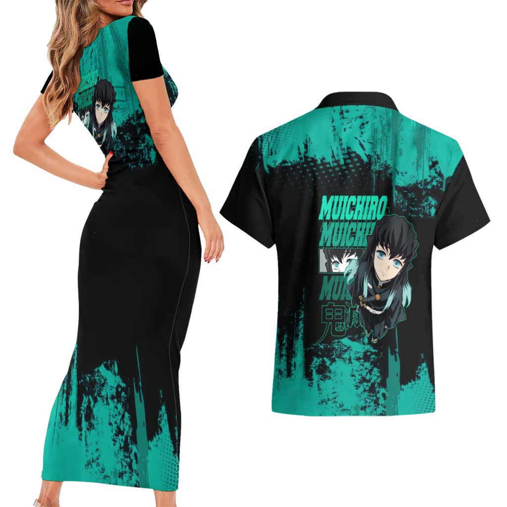 Muichiro Tokito Demon Slayer Green and Black Grunge Style Couples Matching Short Sleeve Bodycon Dress and Hawaiian Shirt with Mist Hashira Eyes and Bold Typography - The Mazicc