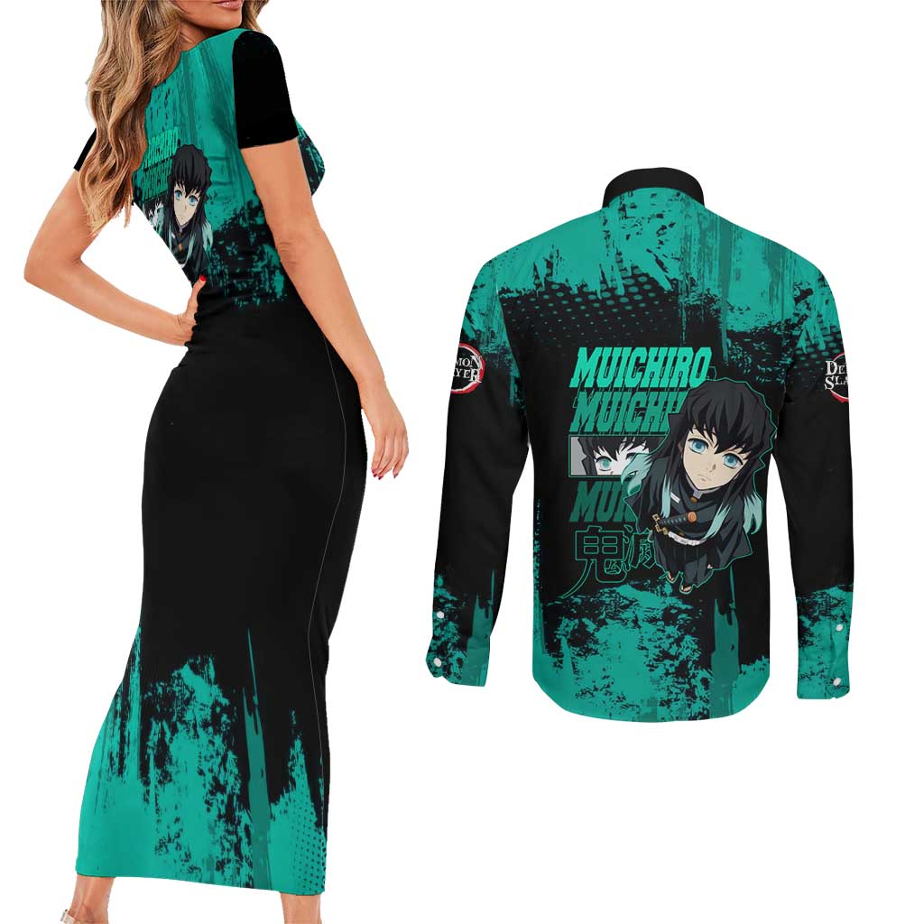 Muichiro Tokito Demon Slayer Green and Black Grunge Style Couples Matching Short Sleeve Bodycon Dress and Long Sleeve Button Shirt with Mist Hashira Eyes and Bold Typography - The Mazicc