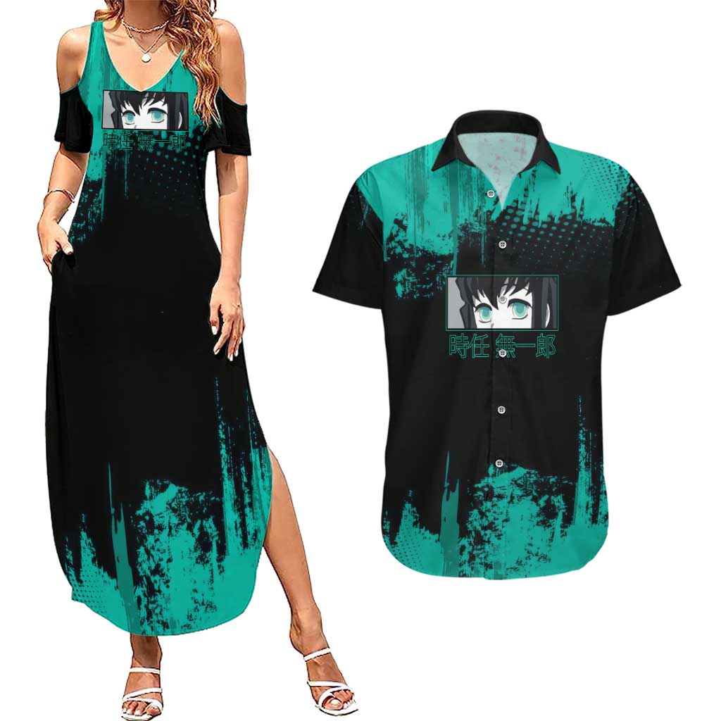Muichiro Tokito Demon Slayer Green and Black Grunge Style Couples Matching Summer Maxi Dress and Hawaiian Shirt with Mist Hashira Eyes and Bold Typography - The Mazicc