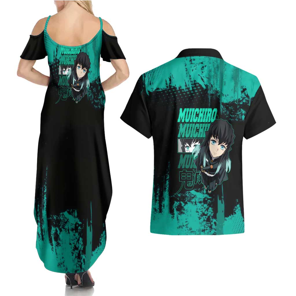 Muichiro Tokito Demon Slayer Green and Black Grunge Style Couples Matching Summer Maxi Dress and Hawaiian Shirt with Mist Hashira Eyes and Bold Typography - The Mazicc