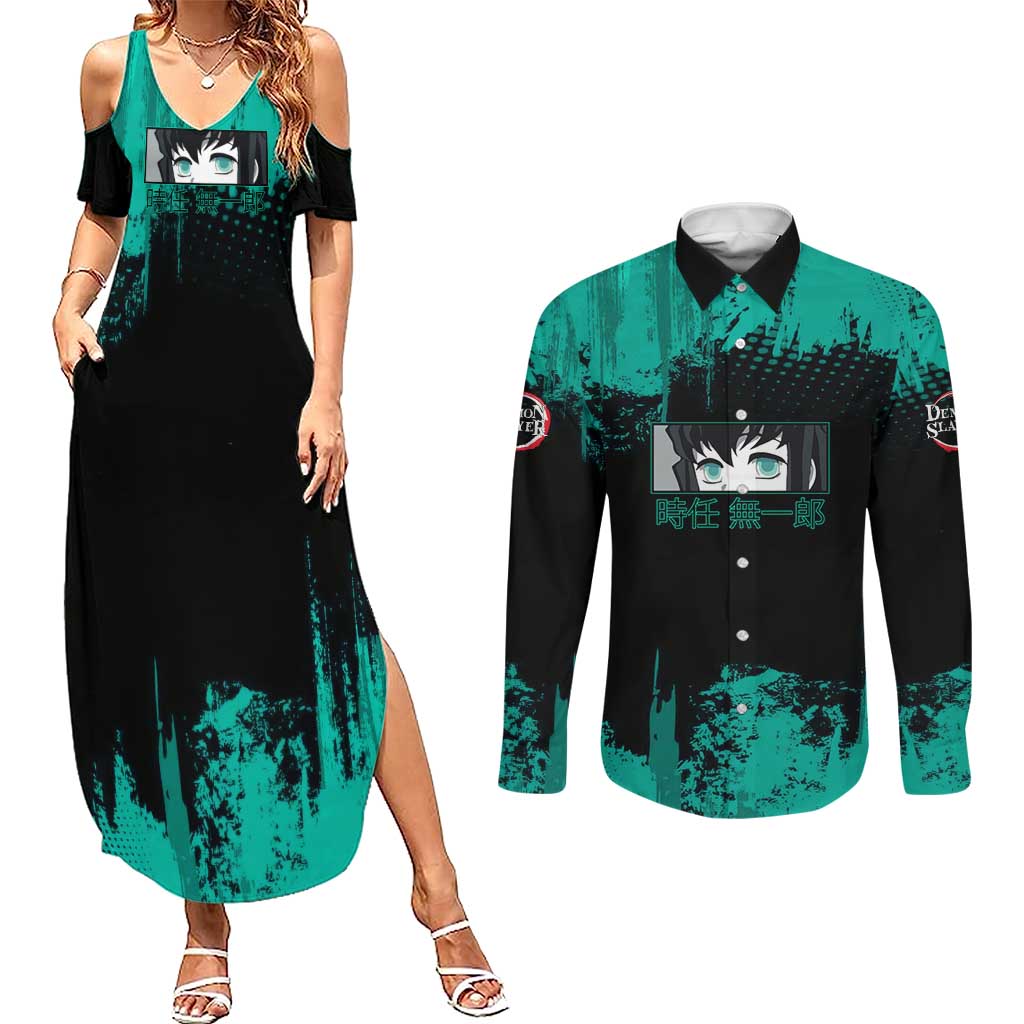 Muichiro Tokito Demon Slayer Green and Black Grunge Style Couples Matching Summer Maxi Dress and Long Sleeve Button Shirt with Mist Hashira Eyes and Bold Typography - The Mazicc