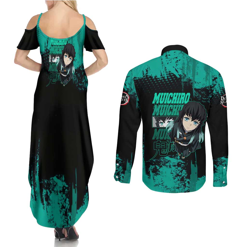 Muichiro Tokito Demon Slayer Green and Black Grunge Style Couples Matching Summer Maxi Dress and Long Sleeve Button Shirt with Mist Hashira Eyes and Bold Typography - The Mazicc
