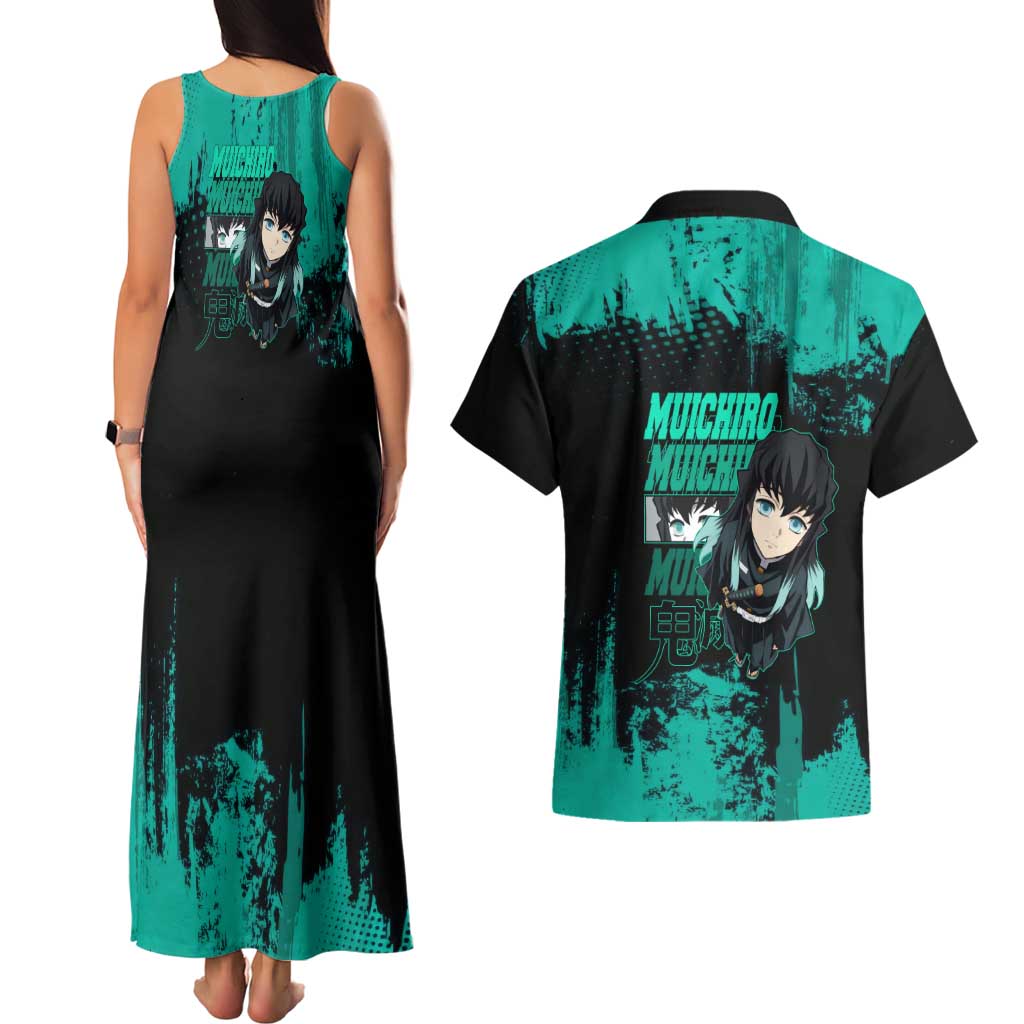 Muichiro Tokito Demon Slayer Green and Black Grunge Style Couples Matching Tank Maxi Dress and Hawaiian Shirt with Mist Hashira Eyes and Bold Typography - The Mazicc