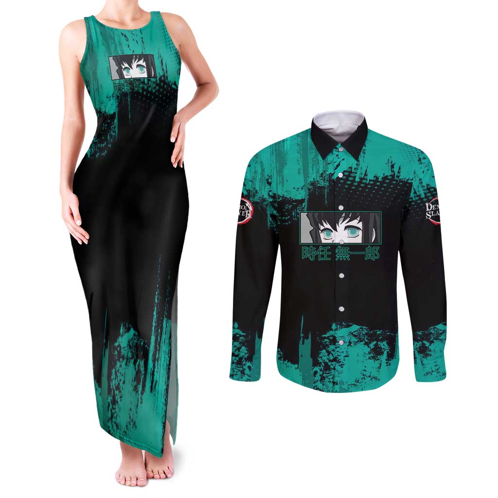 Muichiro Tokito Demon Slayer Green and Black Grunge Style Couples Matching Tank Maxi Dress and Long Sleeve Button Shirt with Mist Hashira Eyes and Bold Typography - The Mazicc
