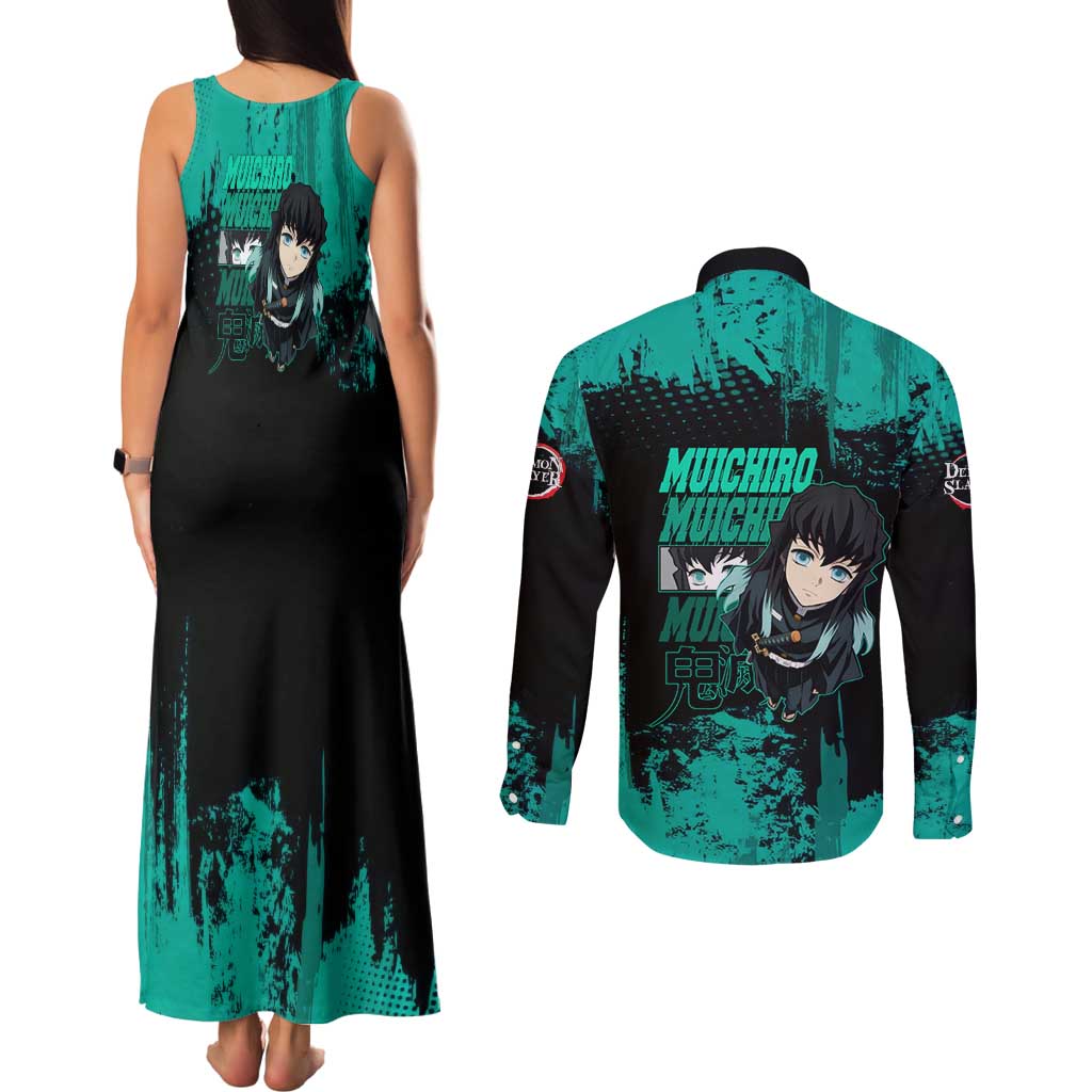 Muichiro Tokito Demon Slayer Green and Black Grunge Style Couples Matching Tank Maxi Dress and Long Sleeve Button Shirt with Mist Hashira Eyes and Bold Typography - The Mazicc