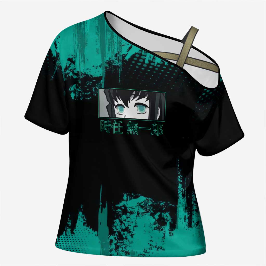 Muichiro Tokito Demon Slayer Green and Black Grunge Style Cross Shoulder Shirt with Mist Hashira Eyes and Bold Typography - The Mazicc