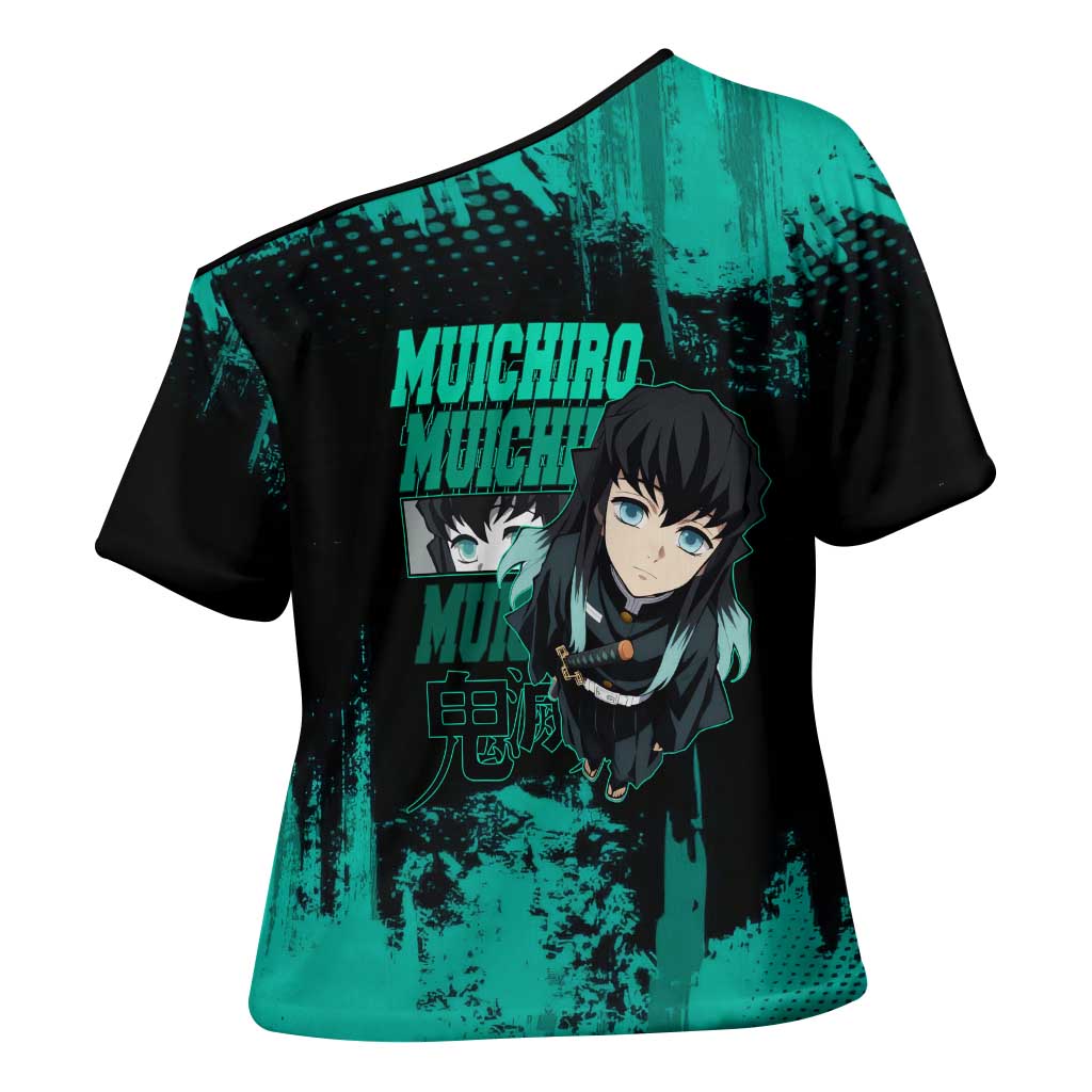 Muichiro Tokito Demon Slayer Green and Black Grunge Style Cross Shoulder Shirt with Mist Hashira Eyes and Bold Typography - The Mazicc