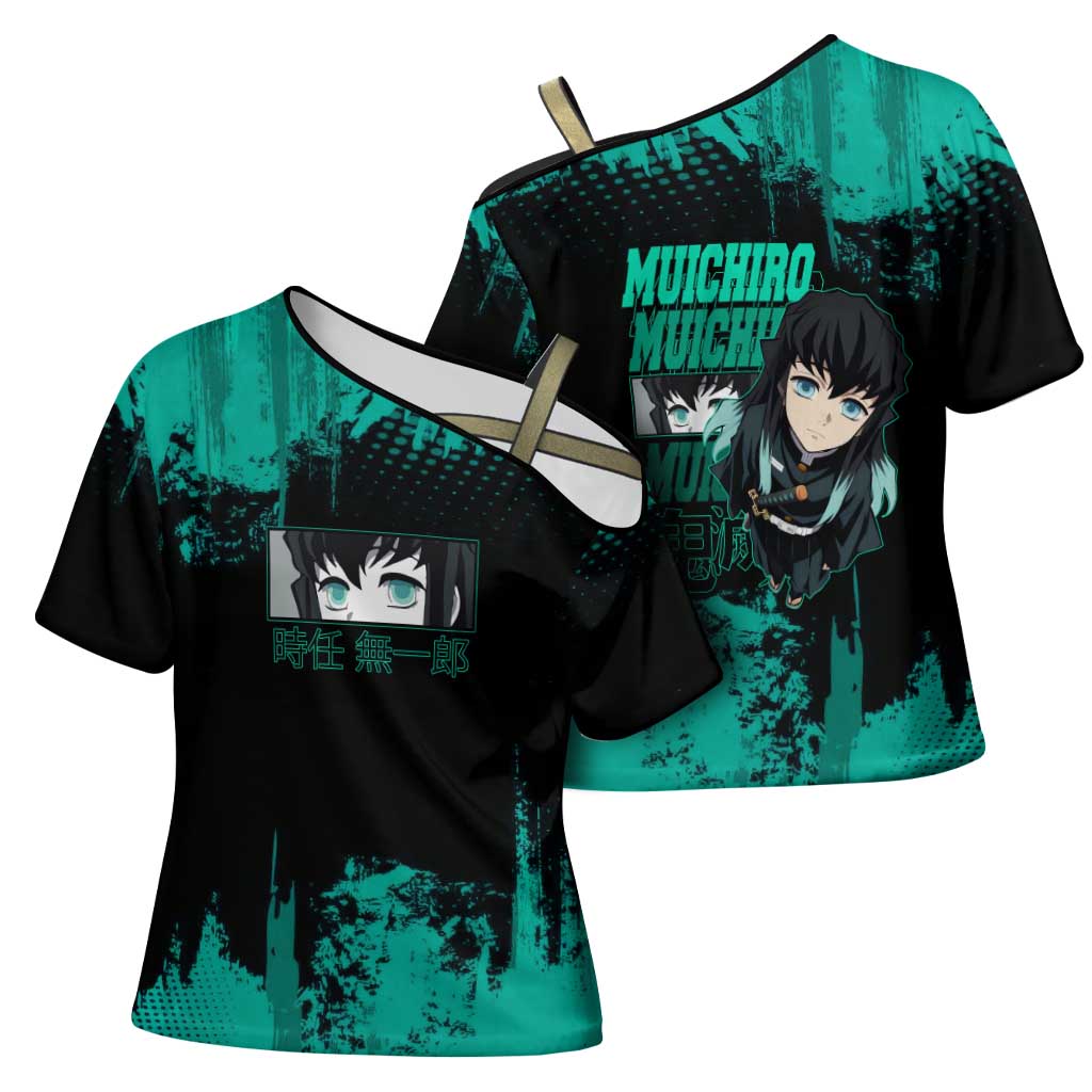 Muichiro Tokito Demon Slayer Green and Black Grunge Style Cross Shoulder Shirt with Mist Hashira Eyes and Bold Typography - The Mazicc