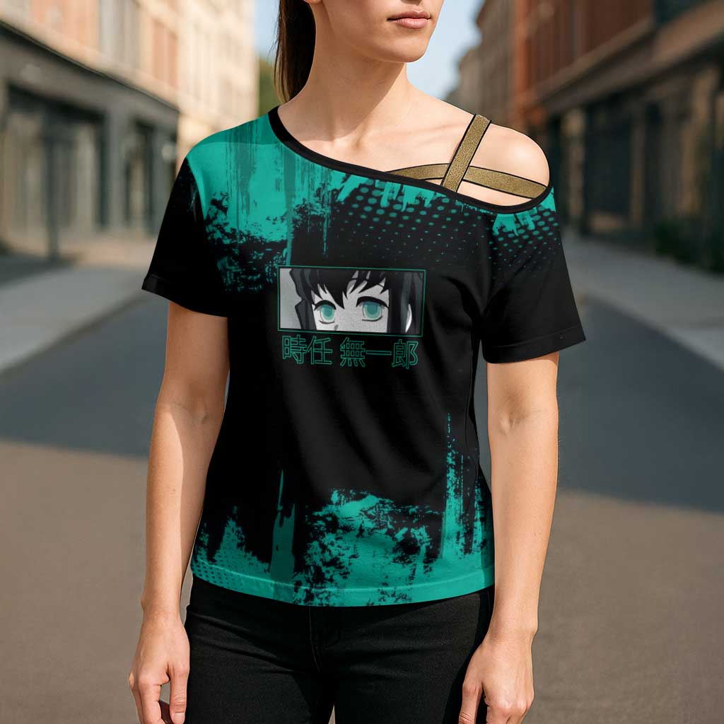 Muichiro Tokito Demon Slayer Green and Black Grunge Style Cross Shoulder Shirt with Mist Hashira Eyes and Bold Typography - The Mazicc