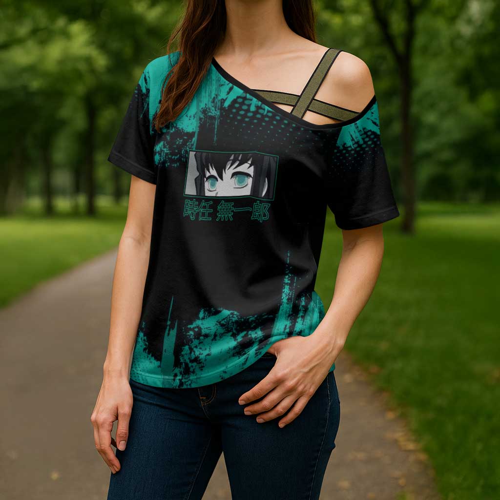 Muichiro Tokito Demon Slayer Green and Black Grunge Style Cross Shoulder Shirt with Mist Hashira Eyes and Bold Typography - The Mazicc