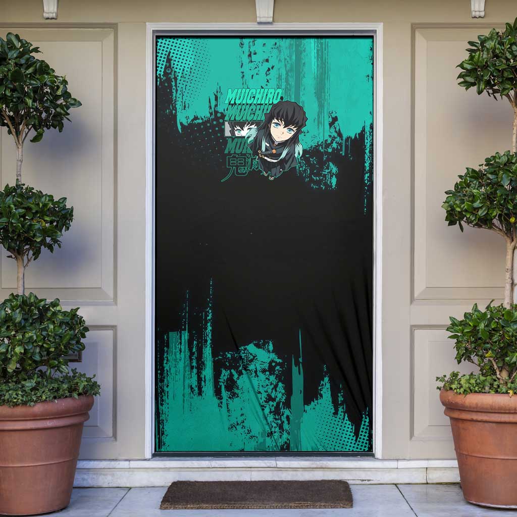 Muichiro Tokito Demon Slayer Green and Black Grunge Style Door Cover with Mist Hashira Eyes and Bold Typography - The Mazicc