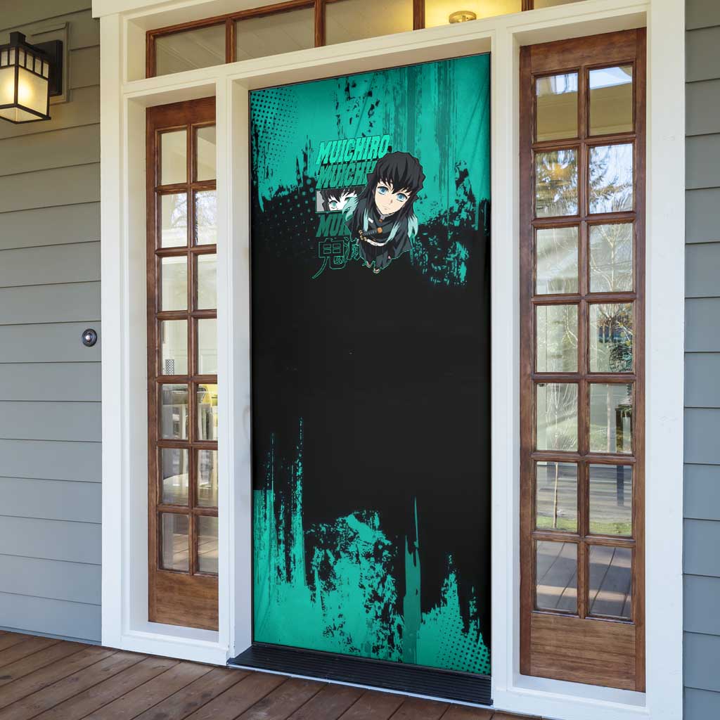 Muichiro Tokito Demon Slayer Green and Black Grunge Style Door Cover with Mist Hashira Eyes and Bold Typography - The Mazicc