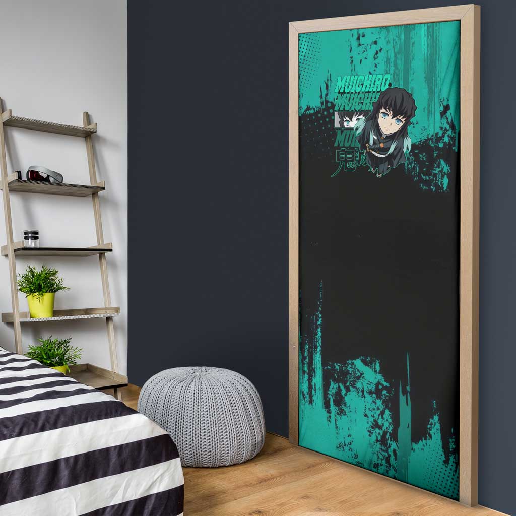 Muichiro Tokito Demon Slayer Green and Black Grunge Style Door Cover with Mist Hashira Eyes and Bold Typography - The Mazicc