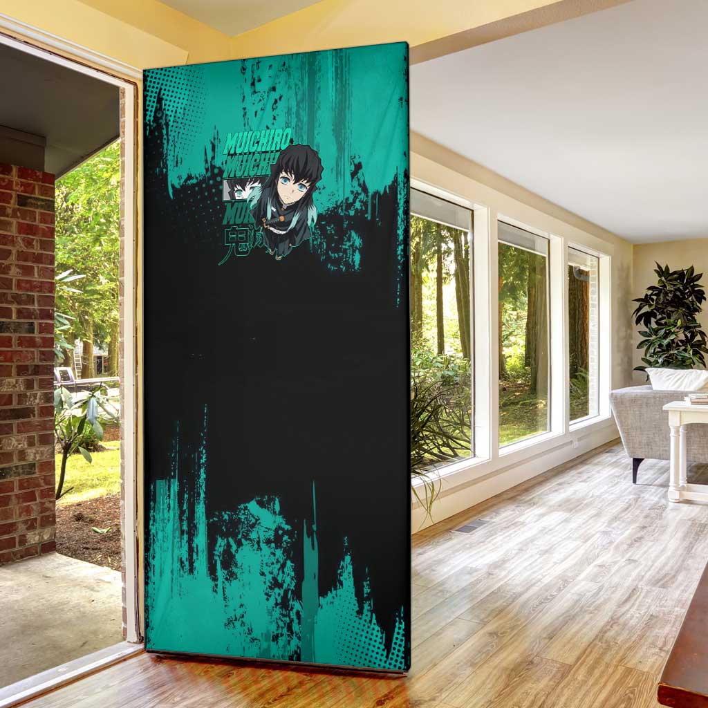 Muichiro Tokito Demon Slayer Green and Black Grunge Style Door Cover with Mist Hashira Eyes and Bold Typography - The Mazicc