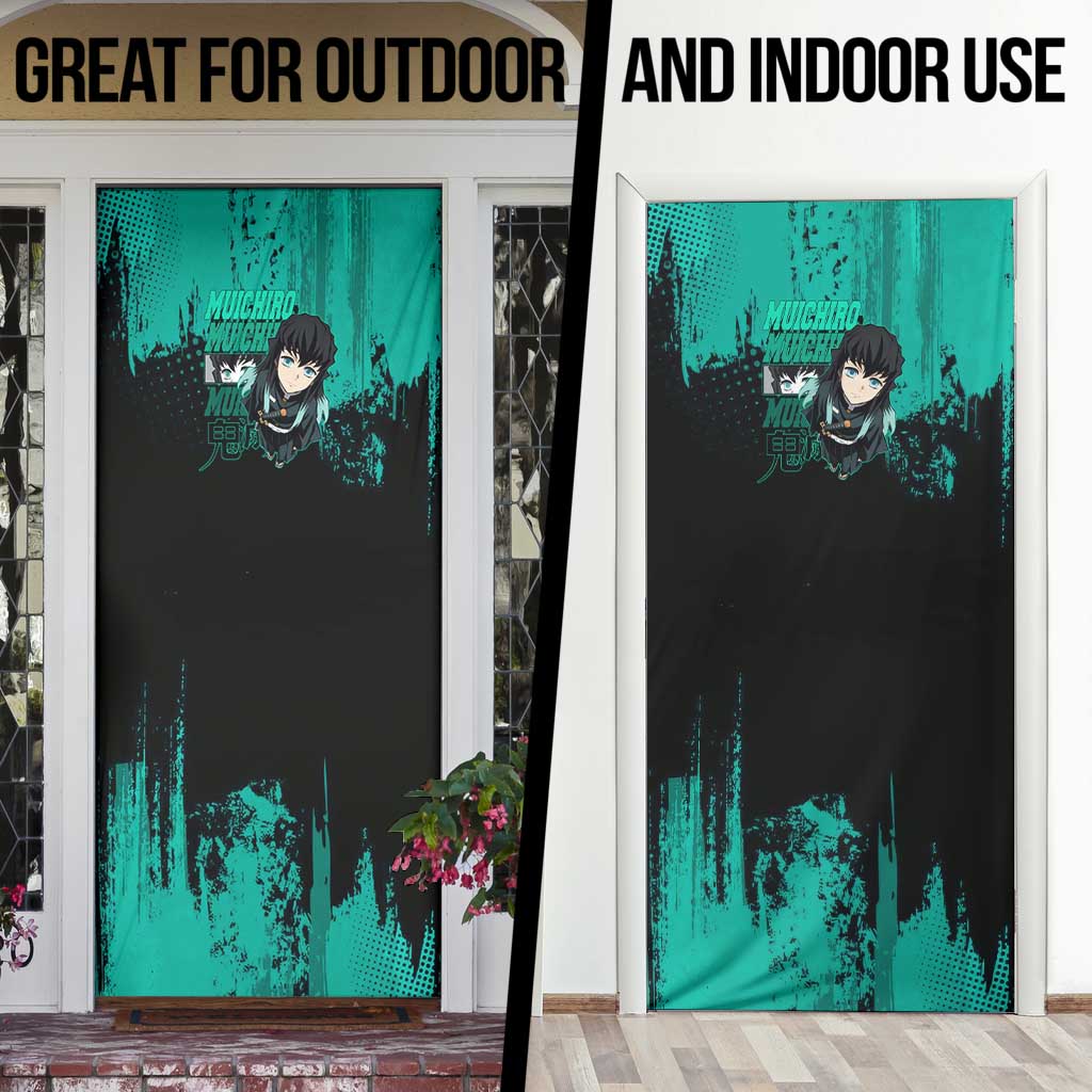 Muichiro Tokito Demon Slayer Green and Black Grunge Style Door Cover with Mist Hashira Eyes and Bold Typography - The Mazicc