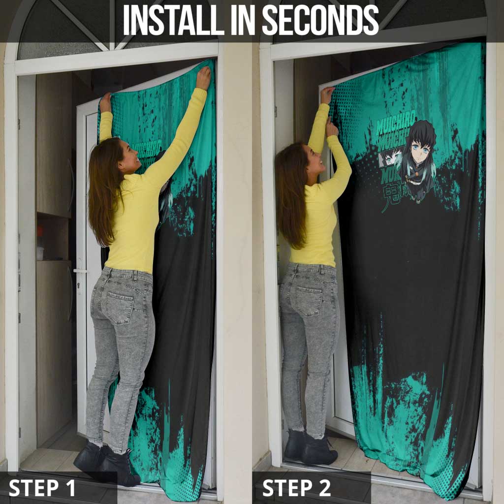 Muichiro Tokito Demon Slayer Green and Black Grunge Style Door Cover with Mist Hashira Eyes and Bold Typography - The Mazicc